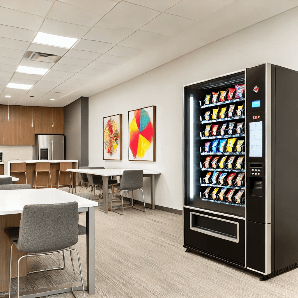DALL·E 2024-12-07 18.03.32 - A modern office breakroom in Dallas-Fort Worth featuring a sleek vending machine stocked with snacks and beverages. The vending machine is well-lit an